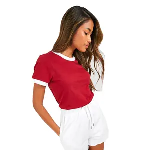 Kaus dasar warna merah marun Wanita Paling nyaman dengan leher putih dan Lengan Hem dalam harga grosir untuk dijual
