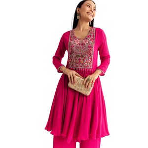 ชุดสูทสีชมพู Chinon zardosi ทำงาน kurta Palazzo สำหรับผู้หญิงเครื่องแต่งกายตามชาติพันธุ์ผลิตจากโรงงาน - Product Image 2