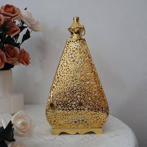 Elegant Gold Metal <b>Moroccan</b> <b>Lantern</b> with Geometric Cutwork Soft Ambient Glow Perfect for Festive Home Decor - Product Image 5