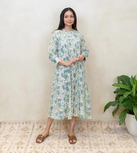 Robe en coton imprimé bloc à la main indienne nouvelle tenue d'été décontractée à la mode avec tour de taille naturel de style doux pour le cadeau de la Saint-Valentin - Product Image 1