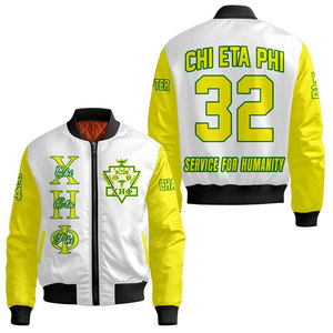 เสื้อแจ็คเก็ตบอมเบอร์สีขาวเหลืองสำหรับผู้ชาย ยี่ห้อ Chi Eta Phi แบบซิปด้านหน้า สวมใส่สบายๆ ลายพิมพ์ Service For Humanity 32 - Product Image 1