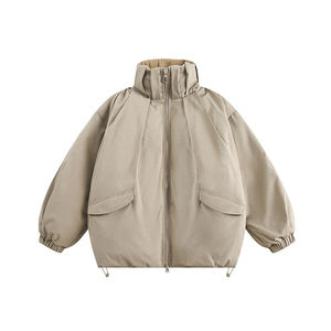 Veste matelassée en denim surdimensionnée unisexe col haut avec fermeture éclair et cordon de serrage poche imperméable coupe-vent respirant décontracté été automne - Product Image 2