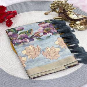 ผ้าไหมมาปิวรัม วัสตรา คอทเทจ พร้อมลายพิมพ์ทั่วผืน ขอบผ้าทอลายดิจิทัลสีทอง พร้อมพู่ห้อย ผ้าคลุมไหล่พิมพ์ลาย และเสื้อพิมพ์ลาย - Product Image 6