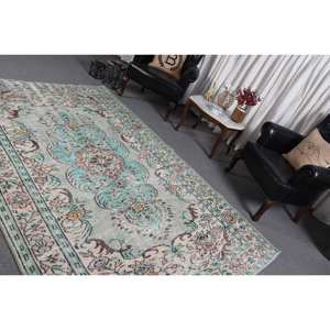 Alfombra clásica de lana azul Beige 5,6X8,9 pies Diseño de retazos turco hecho a mano para sala de estar o dormitorio con respaldo de látex - Product Image 4