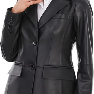 Women's Long Sleeve Lambskin Leather Jacket <b>Button</b> Front Casual Style <b>Blazer</b> Nylon Lining Cotton Filling for Autumn Winter - Product Image 2