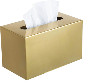 Un support de boîte à mouchoirs rectangulaire élégant avec une finition dorée polie. Il a une ouverture ovale classique sur le dessus - Product Image 1