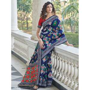 Sari de Seda Azul Marino Patola Weaving para Bodas, Personalizable, Largo hasta el Suelo, Diseño Moderno con Espalda Ilusoria, Talla Grande XL para Banquetes - Product Image 3