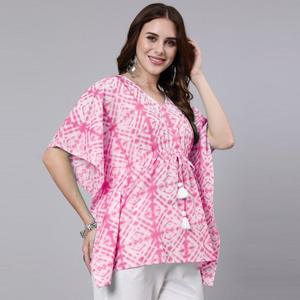 Robe caftan rose en coton imprimé cravate et teinture élégante décontractée longueur au sol taille libre Design personnalisé avec fentes - Product Image 3