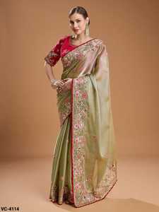 Dernier modèle de sari et de chemisier pour femmes, pour les fêtes, en tissu lourd Jimmi Cho, avec broderies multiples, fils de codage et séquence, découpe fantaisie - Product Image 3