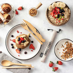 Ensemble de couverts en bambou portable | Couverts en bois réutilisables zéro déchet | Couteau, fourchette, cuillère, paille, brosse et pochette de rangement - Product Image 5