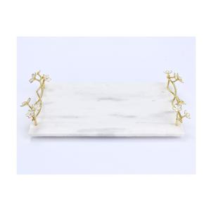Plateau de service en marbre naturel blanc de haute qualité élégant poignées de fleurs en laiton doré plateau décoratif artisanal pour la maison de mariage - Product Image 1
