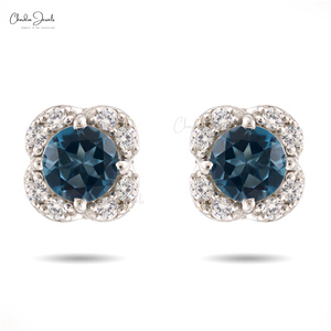 Fancy Design 925 Sterling Silver 5mm London Blue Topaz with Zircon Gemstone Halo Studs Push <b>Back</b> <b>Earrings</b> at Discounted Price - Product Image 2