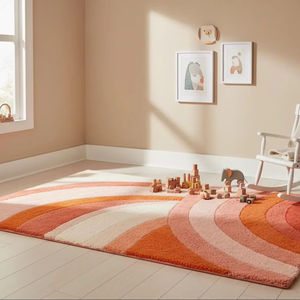 Hand Tufted Wool High Pile Abstract Area Rug | Modern Neutral Living Room <b>Carpet</b> with Cream Sage Terracotta Wave Pattern - Product Image 1