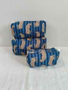 Set of 3 Cotton Quilted Leopard Print <b>Makeup</b> <b>Bags</b> with Zipper Closure Lightweight Travel & for Organizer From Rajasthan - Product Image 6