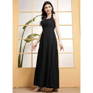 DEEBACO Women's Black Solid Tiered Maxi <b>Dress</b> Fit & Flared Halter Neck Sleeveless Summer Western Wear Party Casual One Piece - Product Image 3