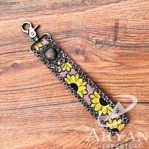 สายคล้องข้อมือหนังดอกทานตะวันแบบตะวันตกสายคล้องข้อมือสายคล้องพวงกุญแจหนังแท้ที่หนีบกุญแจของขวัญสำหรับผู้หญิง - Product Image 1