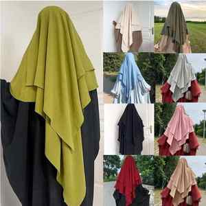 Alta calidad 2 capas Khimar Malasia mujeres musulmanas uso diario Color liso gasa Thobe/Thawb estilo largo musulmán tradicional - Product Image 3