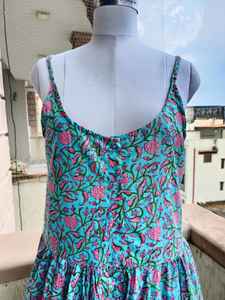 Hand <b>Block</b> <b>Printed</b> Floral Dress Adjustable Straps Spring Summer Beach Dress Blue And Pink Holiday Resort Sundress For Women - Product Image 4