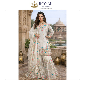 Dernière collection de costumes Sharara pour mariage, design et style modernes, en soie JMC avec travail de séquence de fils et travail de rivets Moti - Product Image 4