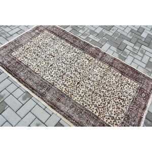 Turkish 3.8x6.7 ft Rug, Area Vintage Rug, <b>Brown</b> Beige Plants & trees <b>Wool</b> Rug - Product Image 4