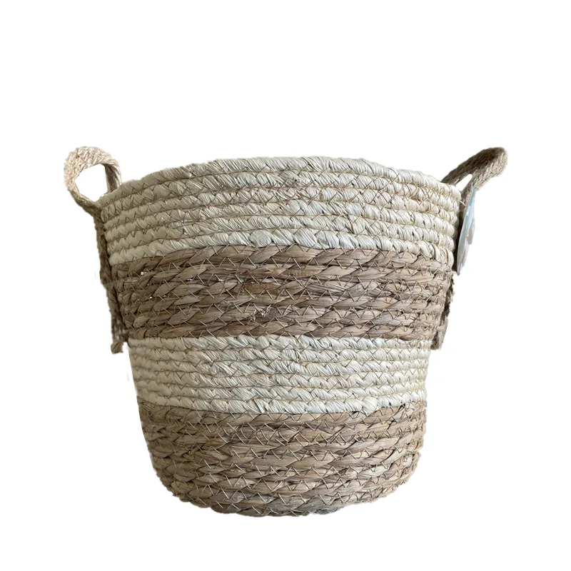 Two Tone Stripes Weave Plant Basket with Handle Straw Weaving Planter Plant Pot Container with Waterproof Lining Storage Hamper