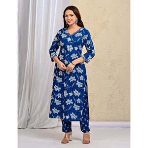 Blue <b>Block</b> <b>Printed</b> Cotton Kurta Pant Set Mulmul Dupatta Indian Pakistani Style Ethnic Wear for Daily Party Occasions Made Net - Product Image 4