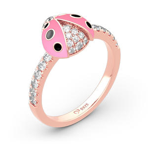Anillo Jeulia de Plata de Ley Chapado en Rodio con Diseño de Mariquita Rosa de la Suerte, con Circonita y Diamante - Product Image 3