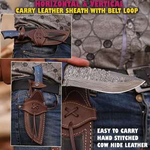 Couteau Skinner de chasse en acier damassé fait à la main avec poignée confortable et étui en cuir - Product Image 5