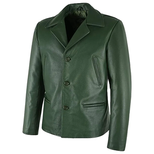 Chaqueta de Cuero Genuino Verde para Hombre, Estilo Motero, Cuello Camisero, Corte Ajustado, Cierre de un Solo Botón, para Otoño - Product Image 1