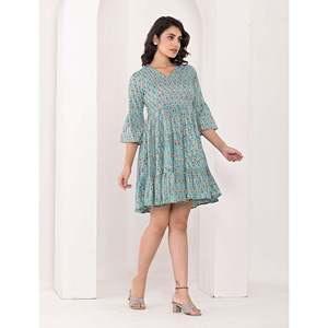 Robe en coton vert à imprimé bloc, taille élastique, respirante, style décontracté pour le bureau, style chinois, occasions de club, fourniture ODM - Product Image 5