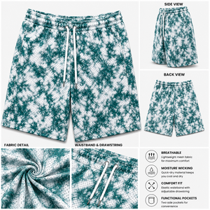 Shorts en maille tie-dye pour homme, décontractés, respirants, avec cordon de serrage à la taille, short de sport, motif vert et blanc, tissu tricoté - Product Image 2
