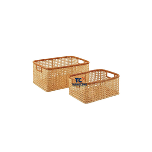 Hot Selling Natural Acacia <b>Wood</b> and Rattan Cane <b>Baskets</b> Minimalist Rectangle Kitchen Storage <b>Basket</b> for Organization -RB07 - Product Image 2