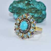 Bague Vintage Art Déco Bleu Turquoise Argent Sterling 925 Plaqué Or 14K Qualité Supérieure Certifiée IGI Cadeau de Noël Bijoux