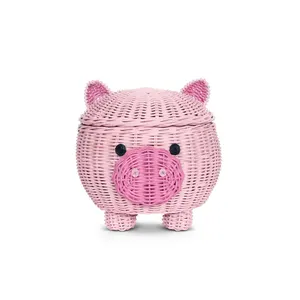 Large Pig Rattan Storage Basket with Lid - Decorative Hand-Woven Shelf Organizer, Cute Handmade Gift, Handcrafted Decoration