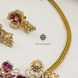 Flower Design Kanthi Necklace Set with <b>Ruby</b> Earrings for Weddings - Product Image 5