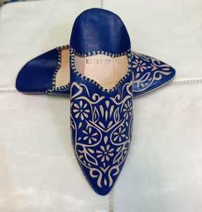 Wholesale Handcrafted Navy Blue Moroccan Leather Babouche Slippers Floral Engraved <b>Mules</b> Oriental Flat Slip On Shoes - Product Image 2