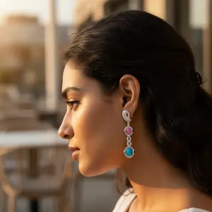 จี้ห้อยทำมือสีโรสโกลด์ประดับพลอยสีชมพูและสีฟ้าสำหรับเป็นของขวัญสำหรับผู้หญิง - Product Image 3