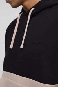 Venta caliente Color Block Hoodie para hombres OEM Custom Streetwear Pullover Sudadera con capucha Elegante negro y Beige Two-Tone Fleece - Product Image 6