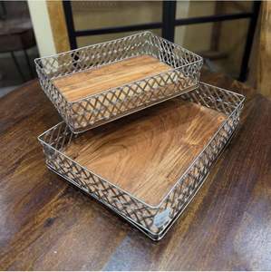 Beautiful Handmade Metal Wire <b>Wooden</b> Silver Serving Tray for Ramadan Other <b>Bowl</b> Platters Charging <b>Plate</b> Serving Product - Product Image 2