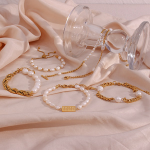 Acero inoxidable antideslustre joyería occidental pendientes de perlas de agua dulce pulsera collar de oro - Product Image 3