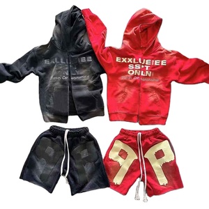 Acid Wash Sun Faded Distressed Vintage Hoodie and Sweat <b>Shorts</b> Custom Full <b>Zip</b> up Hoodie Puff Print <b>Shorts</b> Set for <b>Men</b> - Product Image 1