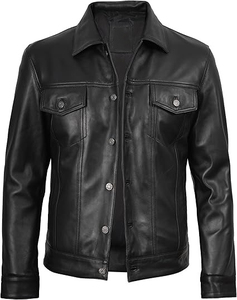 Camisas de cuero para hombre, camisas de invierno informales sólidas transpirables DE PUNTO SIN Cuello estilo camionero Vintage de piel de cordero Real - Product Image 5