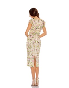 Elegante bordado crepé Midi cuello en V vestido de noche Sexy con cuentas y lentejuelas mangas de capa cristal decorado para fiestas y bailes - Product Image 4