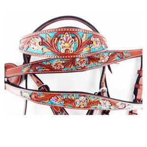 Ensemble de collier de poitrine de serre-tête en cuir occidental durable et confortable avec des accessoires de pointe de haute qualité de paillettes turquoises et dorées - Product Image 4