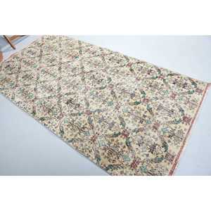 พรมตุรกีขนาด 4.2x7.9 ฟุต พรมวินเทจ พรมขนสัตว์สีเบจเขียวสไตล์ตะวันตกเฉียงใต้ - Product Image 1