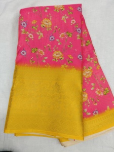 Sari elegante con estampado digital de tejido rosa y amarillo con bordado complejo, perfecto para ocasiones tradicionales, celebraciones festivas - Product Image 4