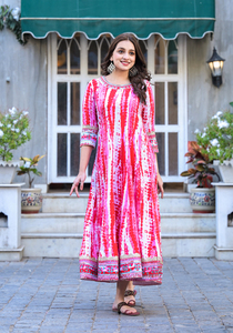 Conjuntos de vestido Anarkali Kurti, ropa de fiesta lista para mujer, elegante y cómoda, diseñador de tela de rayón bordado y teñido con lazo, estampado - Product Image 3