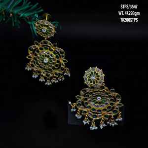 แฟชั่น Polki เต็ม Studded สไตล์อินเดียเงินแท้925ต่างหูยาวสำหรับผู้หญิงของขวัญวันเกิดเครื่องประดับ - Product Image 1