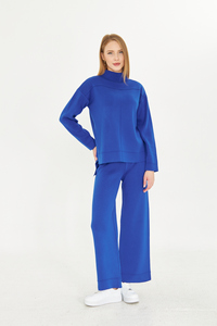 ชุดเสื้อสเวตเตอร์และกางเกง2ชิ้นสำหรับผู้หญิงชุดเสื้อถักแขนยาวเอวยางยืดชุดเสื้อถักขากว้างมีสไตล์ - Product Image 2