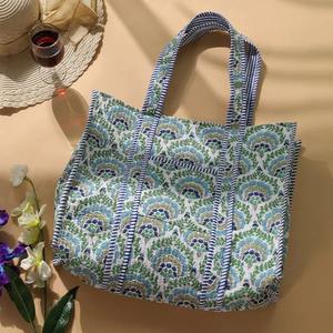 Indian Vintage Lady Blue Floral Print Cotton Lightweight High Quality Quilt <b>Tote</b> <b>Bag</b> <b>Zipper</b> Closure Canvas Lining Womens Summer - Product Image 2